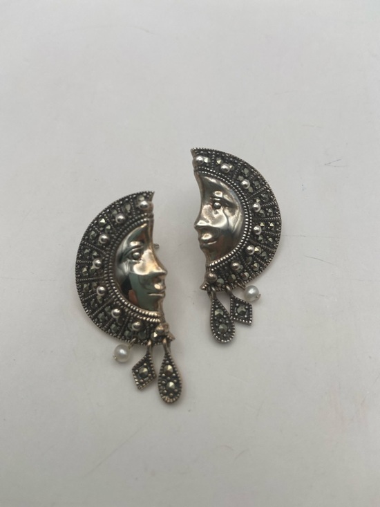 Vintage Suspicion Marcasite Sterling Silver Moon Goddess Earrings Pierced - Picture 6 of 9